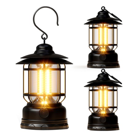Felinar Camping Vintage Portabil, 21 COB LED, Intensitate Reglabilă, Iluminare 360°, Cu Cârlig, 5W, Negru
