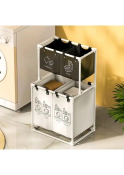 Dulap de Baie cu doua straturi si Cos pentru Rufe, 97x44x57 cm, Alb
