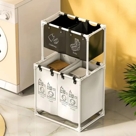 Dulap de Baie cu doua straturi si Cos pentru Rufe, 97x44x57 cm, Alb