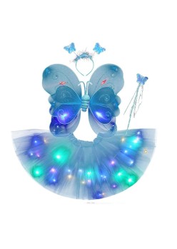 Costum Fluturas Fairy Dress cu Aripi Modelabile Luminoase pentru Copii, Fusta din Tul cu Lumini, 4 piese, Bumbac/Poliester, Albastru