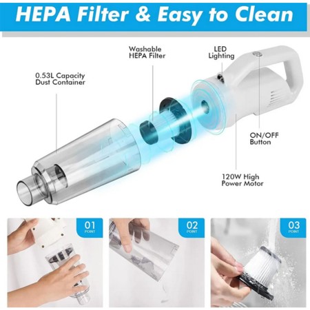 Aspirator Auto 12V Fara Sac, Filtru HEPA Lavabil, 60W, Putere de Absorbtie 5kPa, Compact si Portabil