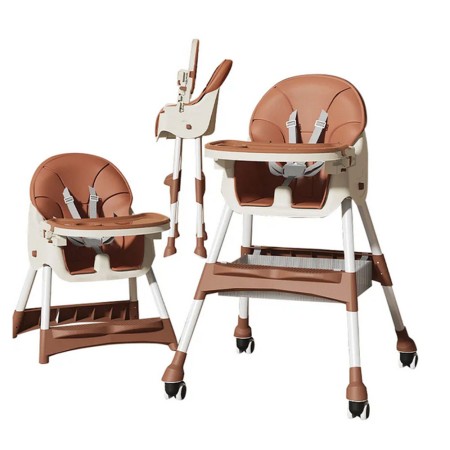 Scaun de Masă cu Roti și Tavă Reglabilă pentru Bebeluși, Telescopic, Pliabil, cu Centură 5 Puncte și Depozitare, 97x73x65 cm, Maro