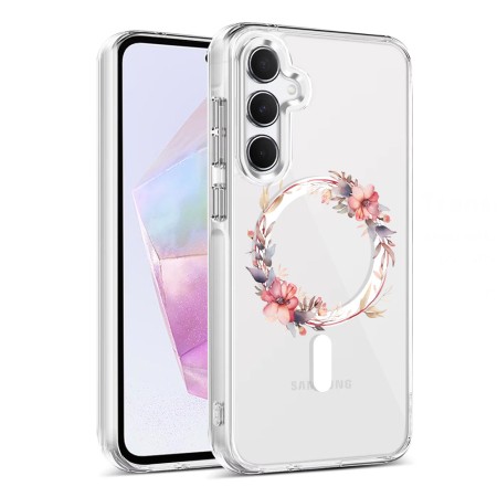 Husa pentru Samsung Galaxy A35 5G, Atasare Magnetica, MagSafe, Pink Wreath 8, Clear