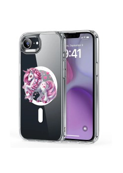 Husa pentru iPhone 16e, Atasare Magnetica, MagSafe, Unicorn Pink, Clear