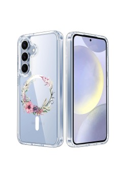 Husa pentru Samsung Galaxy S25, Atasare Magnetica, MagSafe, Pink Wreath 20, Clear