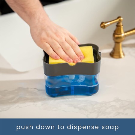 Dozator 2în1 pentru Detergent de Vase și Obiecte Sanitare, cu Suport pentru Burete, 380ML, Design Compact, 14 x 10.5 x 10 cm, Negru