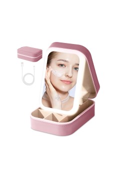 Portfard Cosmetice cu Oglindă LED, 3 Modele de Lumină, Încărcare USB, Baterie 1200 mAh, Compartimentat, Imitație Piele, Roz, 16.5x11.5x6 cm