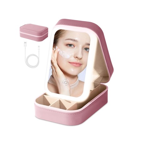 Portfard Cosmetice cu Oglindă LED, 3 Modele de Lumină, Încărcare USB, Baterie 1200 mAh, Compartimentat, Imitație Piele, Roz, 16.5x11.5x6 cm