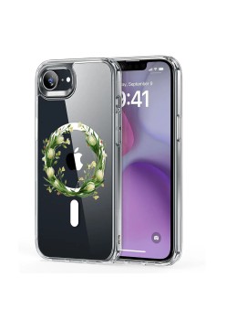 Husa pentru iPhone 16e, Atasare Magnetica, MagSafe, Pink Wreath 14, Clear