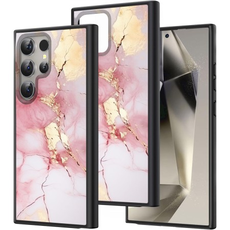 Husă pentru Samsung Galaxy S25 Ultra, Marble LC, Protecție Cameră, Antișoc, Design Slim, Alb - Roz