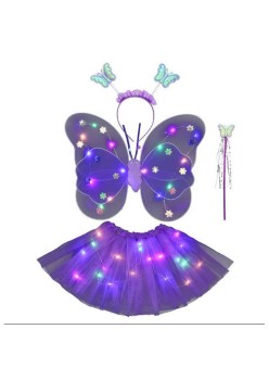 Costum fluturas fairy dress cu aripi modelabile luminoase pentru copii, fusta din tul cu lumini, 4 piese, bumbac/poliester, Mov