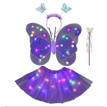 Costum fluturas fairy dress cu aripi modelabile luminoase pentru copii, fusta din tul cu lumini, 4 piese, bumbac/poliester, Mov