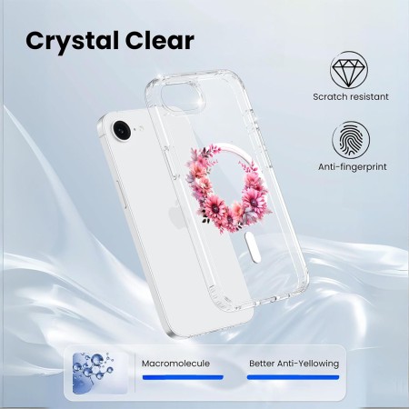 Husa pentru iPhone 16e, Atasare Magnetica, MagSafe, Pink Wreath 1, Clear