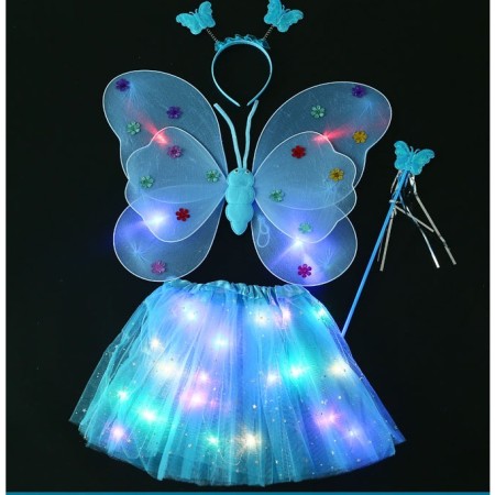 Costum Fluturas Fairy Dress cu Aripi Modelabile Luminoase pentru Copii, Fusta din Tul cu Lumini, 4 piese, Bumbac/Poliester, Albastru