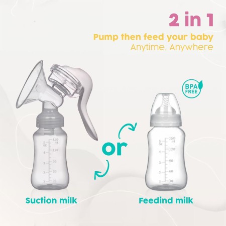 Pompa de san manuala portabila, 150 ml, cu tetina biberon, silicon, anti-reflux, anti-scurgere, recipient transparent, alb