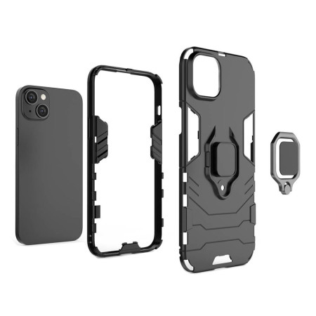 Husa Antisoc Armor compatibila Apple iPhone 15, Ring-H Defender, Inel rotativ 360 grade, Magnet suport auto incorporat, TPU si PC, Black