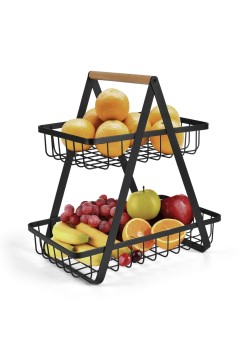 Cos Fructe 2 Etaje Pliabil, Negru, Lemn si Metal, Cu Maner, Design Modern