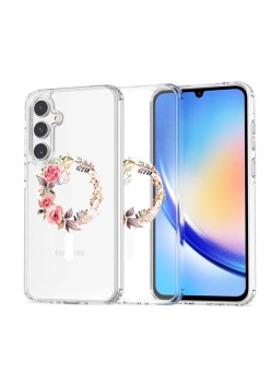 Husa pentru Samsung Galaxy A56 5G, Atasare Magnetica, MagSafe, Pink Wreath 7, Clear