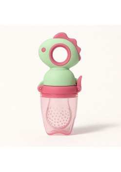 Suzeta fructe bebelusi din silicon alimentar, +4 luni, tetina cu gauri 2 mm, capac protectie, 12.4x5.1x4.7 cm, verde/fucsia
