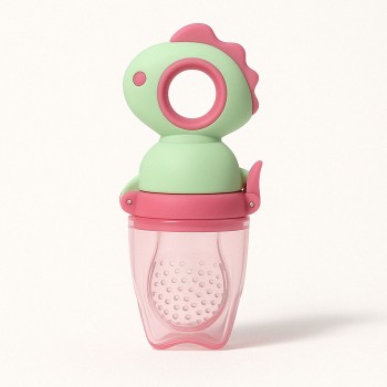 Suzeta fructe bebelusi din silicon alimentar, +4 luni, tetina cu gauri 2 mm, capac protectie, 12.4x5.1x4.7 cm, verde/fucsia
