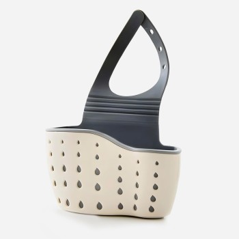 Organizator Chiuveta Bucatarie cu Scurgere – Suport Laveta si Burete, Plastic Flexibil Bej, Curea Reglabila, 15x20 cm