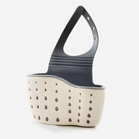 Organizator Chiuveta Bucatarie cu Scurgere – Suport Laveta si Burete, Plastic Flexibil Bej, Curea Reglabila, 15x20 cm