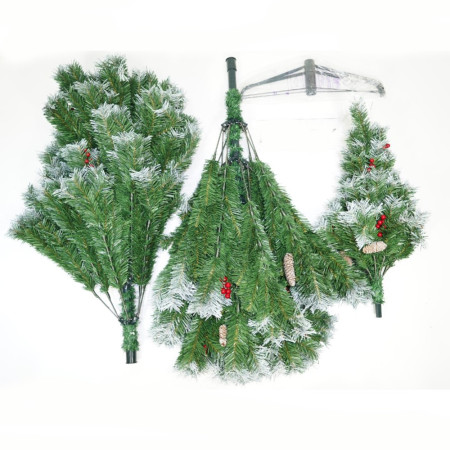 Brad artificial decorat cu conuri pin nins 2.1m de Craciun, interior/exterior, diametru 147 cm, 1150 ramuri, suport metalic inclus, Verde