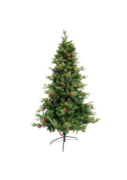 Brad artificial decorat cu conuri pin rosi de Craciun 1.5m, diametru 68 cm, 506 ramuri, suport metalic inclus, Verde