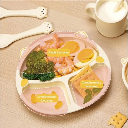 Set hranire, diversificare bebelusi si copii din silicon, fara alergeni, 7 piese, baveta, farfurie compartimentata cu ventuza, bol cu ventuza, tacamuri, cana, Model Ursulet, Bej