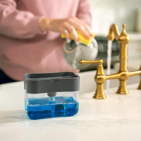Dozator 2în1 pentru Detergent de Vase și Obiecte Sanitare, cu Suport pentru Burete, 380ML, Design Compact, 14 x 10.5 x 10 cm, Negru