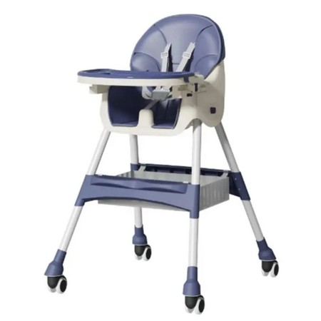 Scaun de Masă pentru Copii cu Roti și Masuță Reglabilă, Pliabil, Telescopic, Albastru, cu Centură și Spațiu de Depozitare, 97x73x65 cm