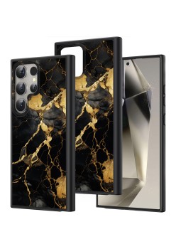 Husă pentru Samsung Galaxy S25 Ultra, Marble BW, Protecție Cameră, Antișoc, Design Slim, Negru - Gold