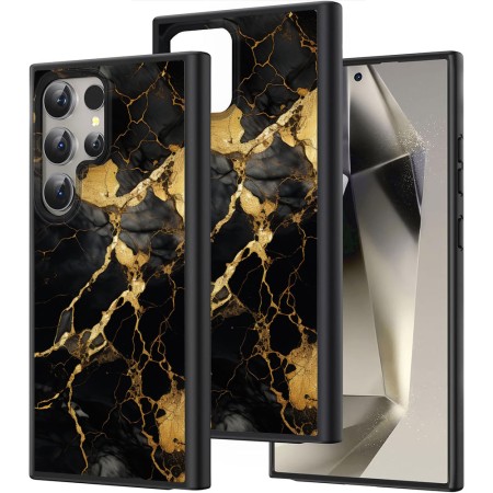 Husă pentru Samsung Galaxy S25 Ultra, Marble BW, Protecție Cameră, Antișoc, Design Slim, Negru - Gold