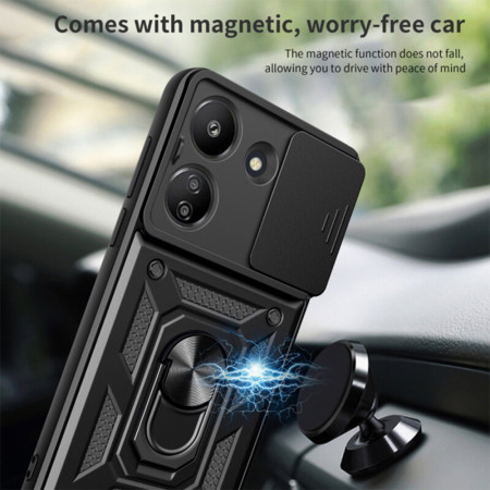 Husa telefon compatibila Xiaomi Redmi 13C 5G / Poco M6, Slide & Snap Premium, Magnetic Ring Holder, Negru