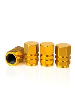Set 4 capace ventil auto universale, model Hexagon, aluminiu, galben, compatibile masina, bicicleta, motocicleta