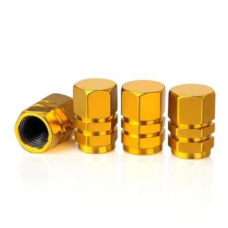 Set 4 capace ventil auto universale, model Hexagon, aluminiu, galben, compatibile masina, bicicleta, motocicleta