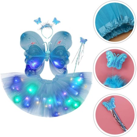 Costum Fluturas Fairy Dress cu Aripi Modelabile Luminoase pentru Copii, Fusta din Tul cu Lumini, 4 piese, Bumbac/Poliester, Albastru