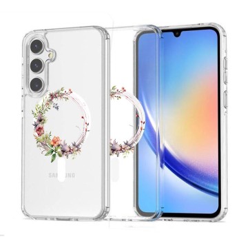 Husa pentru Samsung Galaxy A56 5G, Atasare Magnetica, MagSafe, Pink Wreath 21, Clear