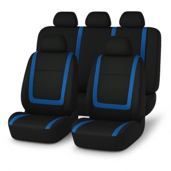 Set huse scaune auto universale, 9 piese, model Blue Line, albastru, compatibile airbag, material poliester cu burete 2 mm