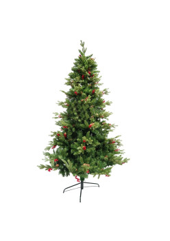 Brad artificial decorat cu conuri pin rosii de Craciun, inaltime 210 cm, diametru 137 cm, 1172 ramuri, suport metalic inclus, Verde