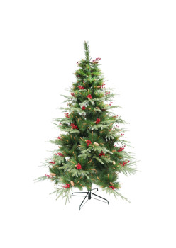 Brad artificial decorat cu conuri pin rosii Premium de Craciun Bogat, inaltime 180 cm, 414 ramuri, suport metalic inclus, Verde