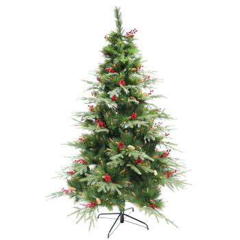 Brad artificial decorat cu conuri pin rosii Premium de Craciun Bogat, inaltime 180 cm, 414 ramuri, suport metalic inclus, Verde