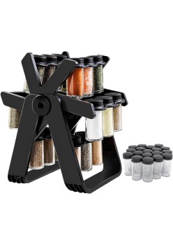 Organizator Condimente cu 18 Borcane si Suport Rotativ, Negru Mat, Sticla + Plastic, 34.5x26x22.5 cm