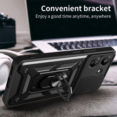 Husa telefon compatibila Xiaomi Redmi 13C 5G / Poco M6, Slide & Snap Premium, Magnetic Ring Holder, Negru