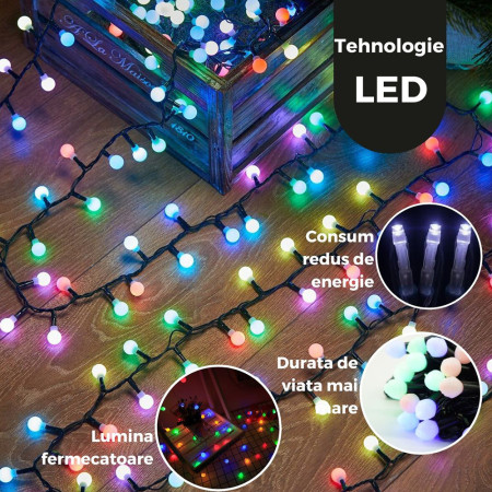 Instalatie Brad de Craciun RGRB, 10 m din care 1m prelungitor, 220V, 40 LED, Interconectabila, Fir Negru, Multicolor