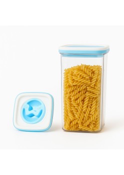 Recipient Depozitare Alimente 2L Transparent cu Capac Albastru-Alb, Cutie Tip Container pentru Cereale, Paste, Faina sau Gustari, 11.5x23 cm