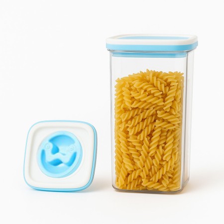 Recipient Depozitare Alimente 2L Transparent cu Capac Albastru-Alb, Cutie Tip Container pentru Cereale, Paste, Faina sau Gustari, 11.5x23 cm
