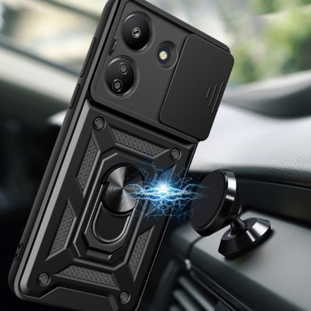 Husa telefon compatibila Xiaomi Redmi 13C, Slide & Snap Premium, Magnetic Ring Holder, Negru