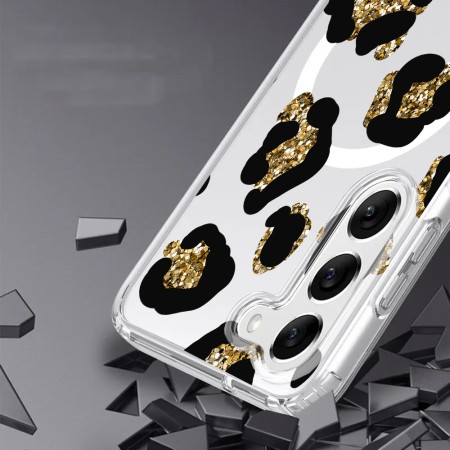 Husa pentru Samsung Galaxy A55 5G, Atasare Magnetica, MagSafe, Leopard Gold Glitter, Clear