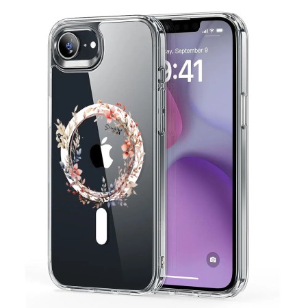 Husa pentru iPhone 16e Atasare Magnetica, MagSafe, Pink Wreath 11, Clear